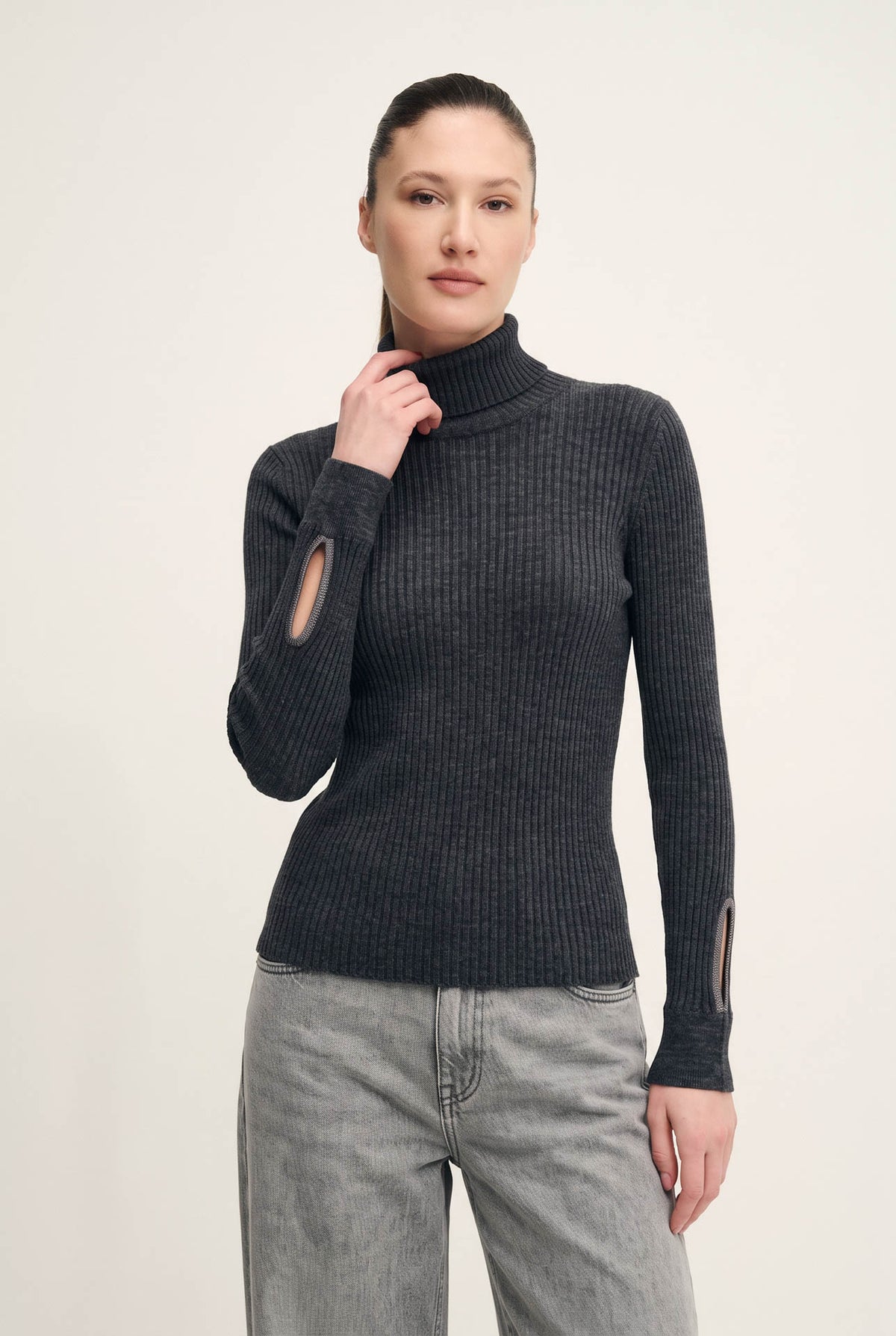 Ribbed silk and wool roll-neck jumper