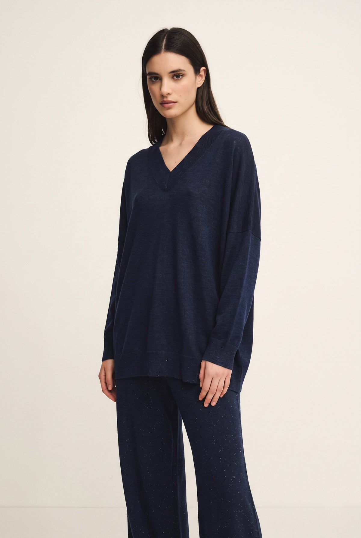 V-neck silk and wool blend top with sequins