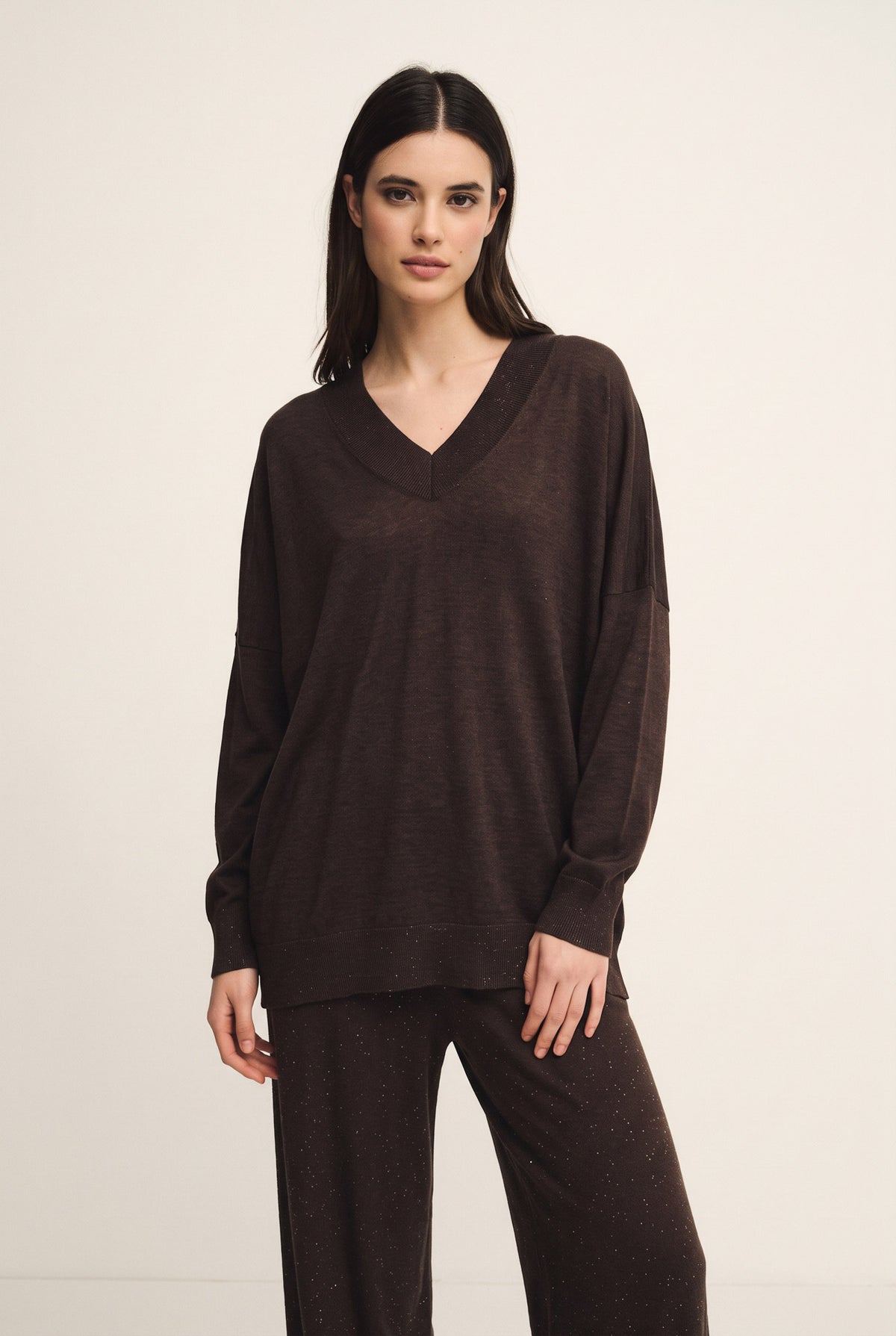 V-neck silk and wool blend top with sequins