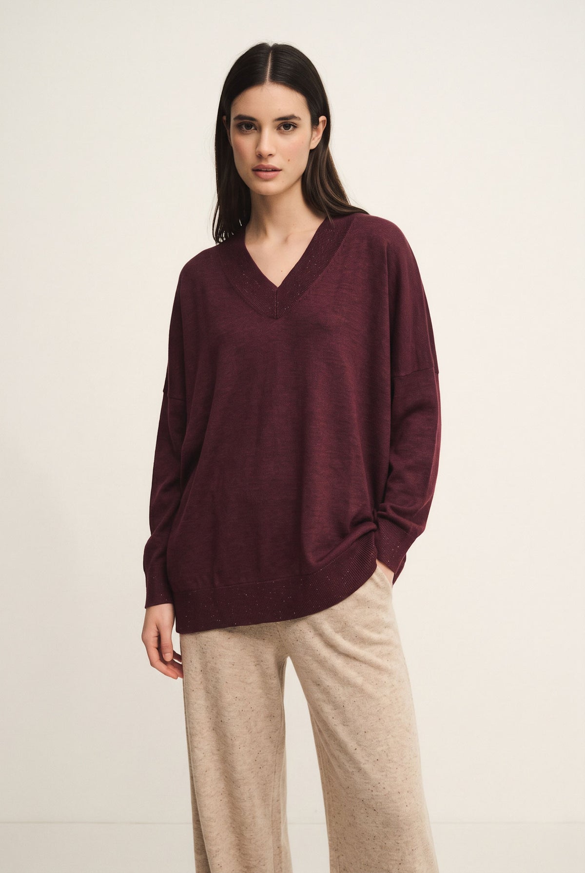 V-neck silk and wool blend top with sequins