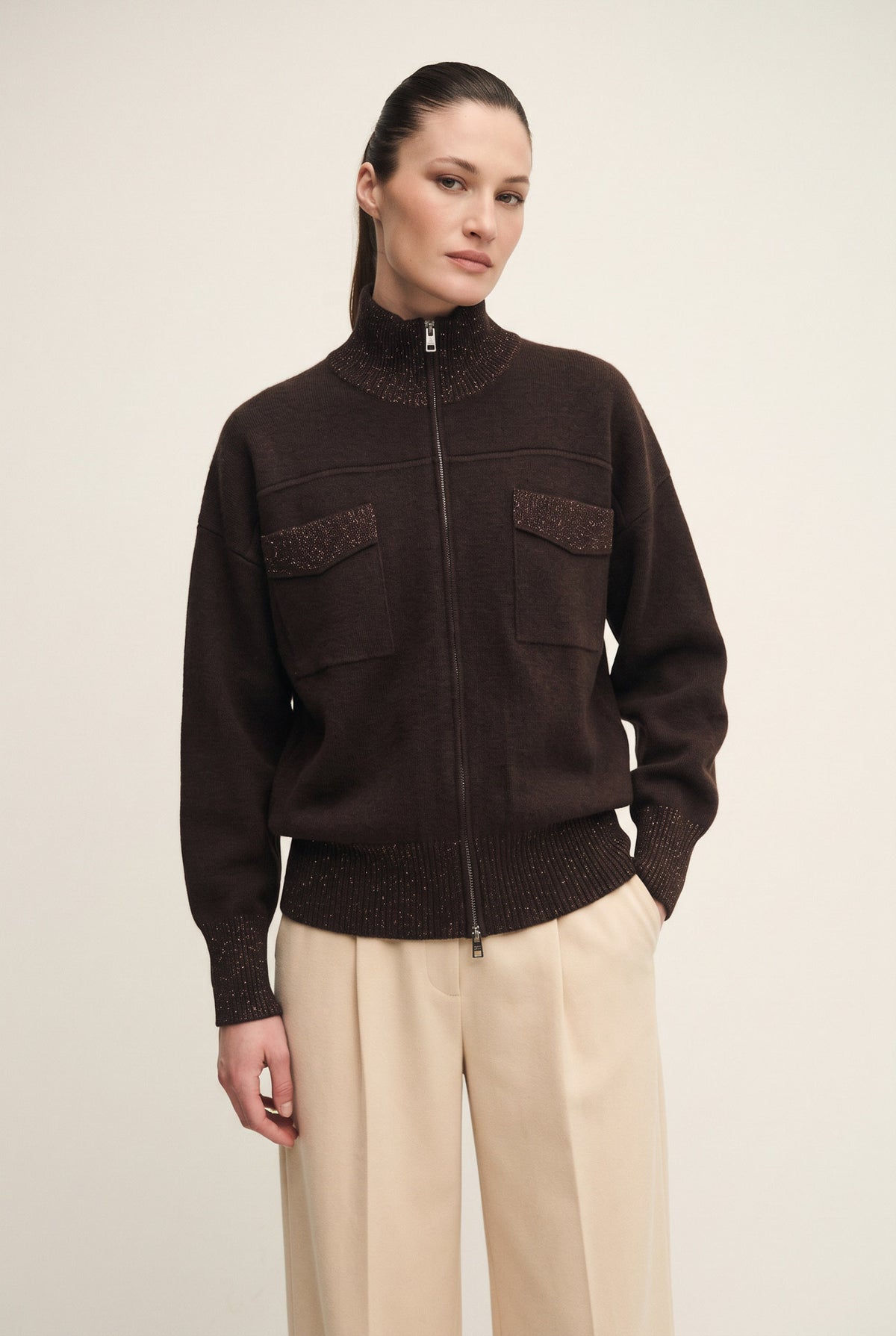 Cardigan zip shiny in maglia