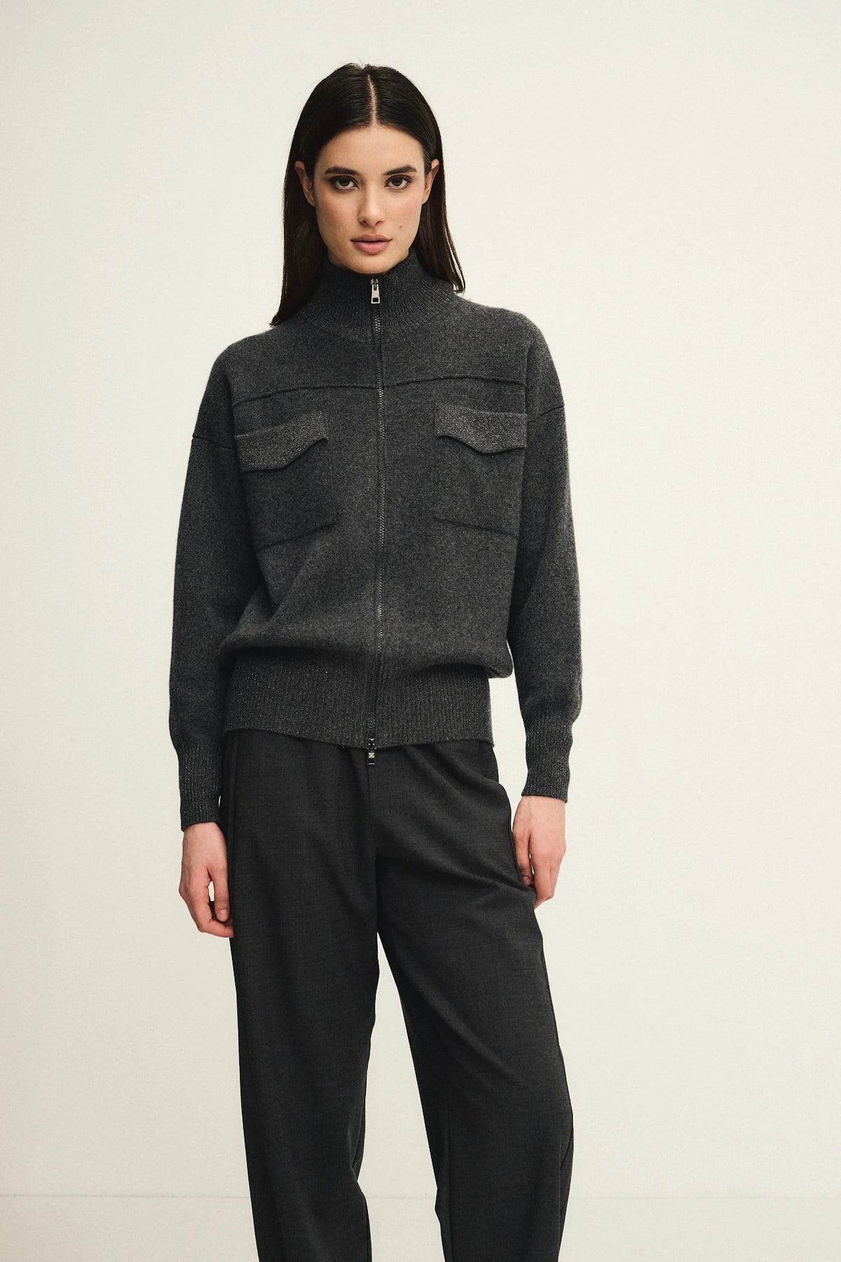 Cardigan zip shiny in maglia