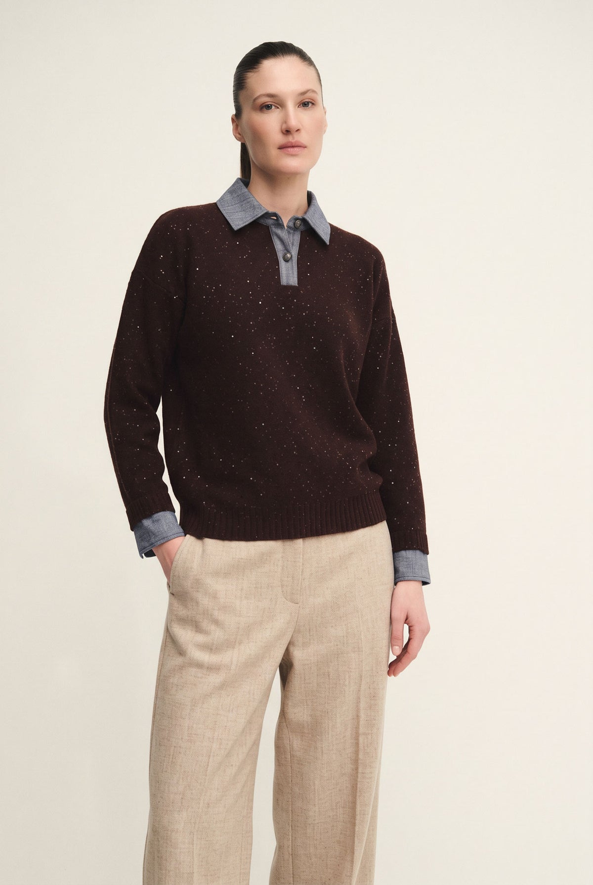 Polo dazzling in maglia con dettagli in denim