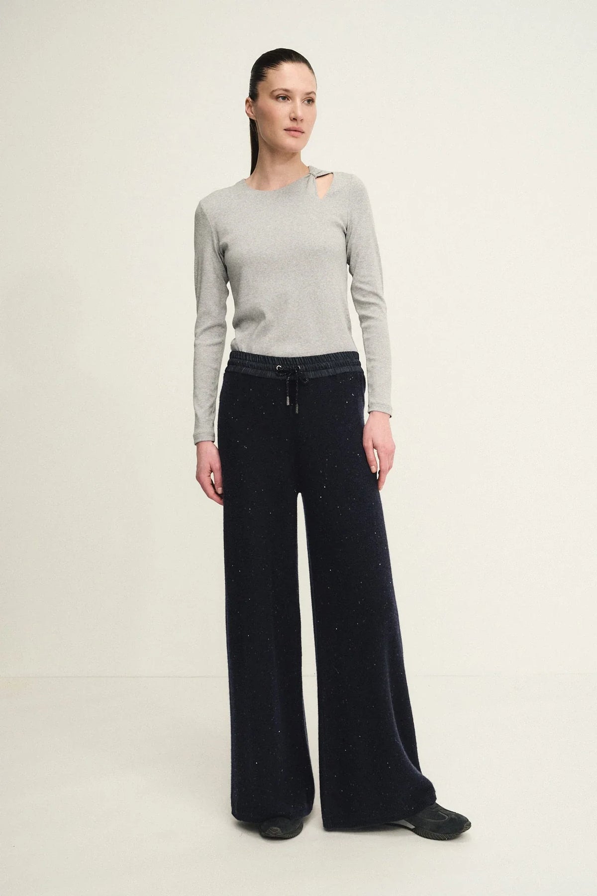 Pantaloni dazzling in maglia con dettagli in denim