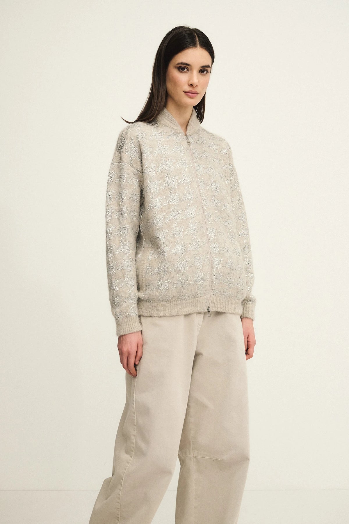 Diamond jacquard knit zip cardigan
