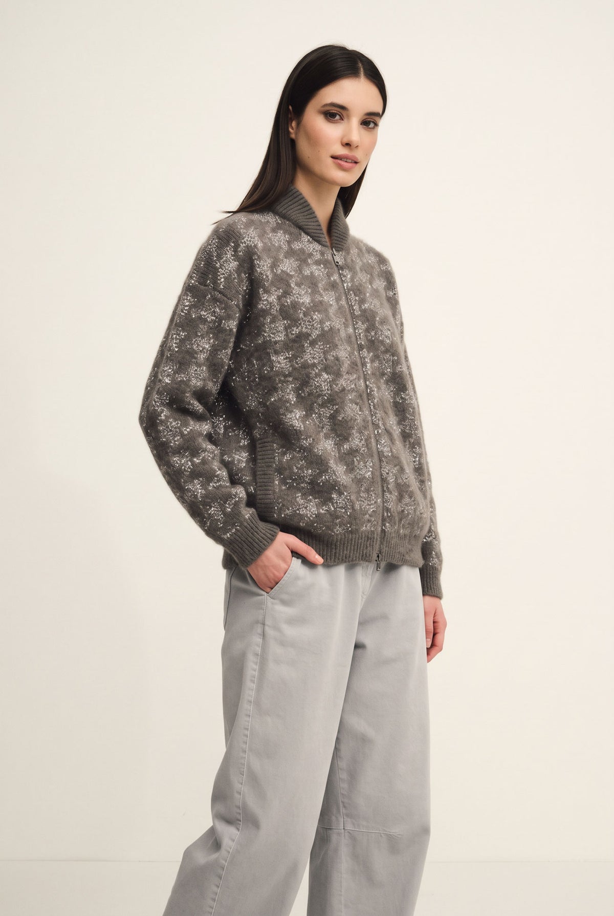 Diamond jacquard knit zip cardigan