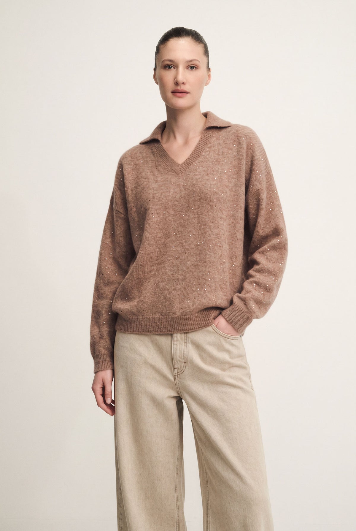 Knitted polo shirt with rhinestones