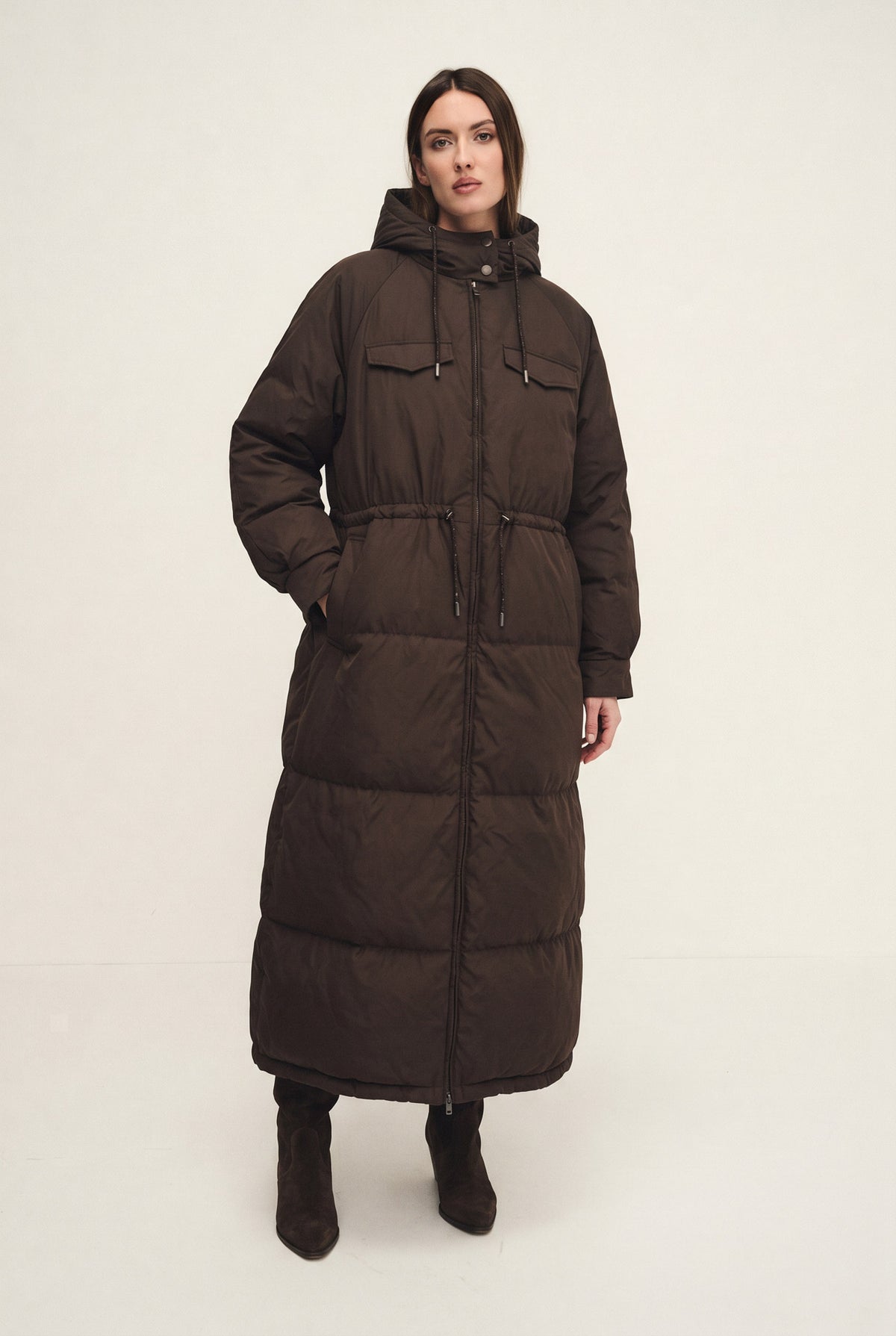 Quilted padded trench coat with mohair and jewel detailing