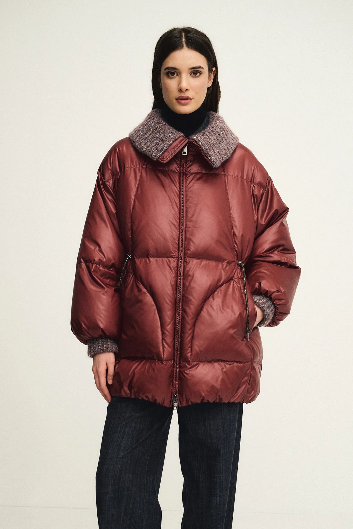 Puffer jacket with English knit