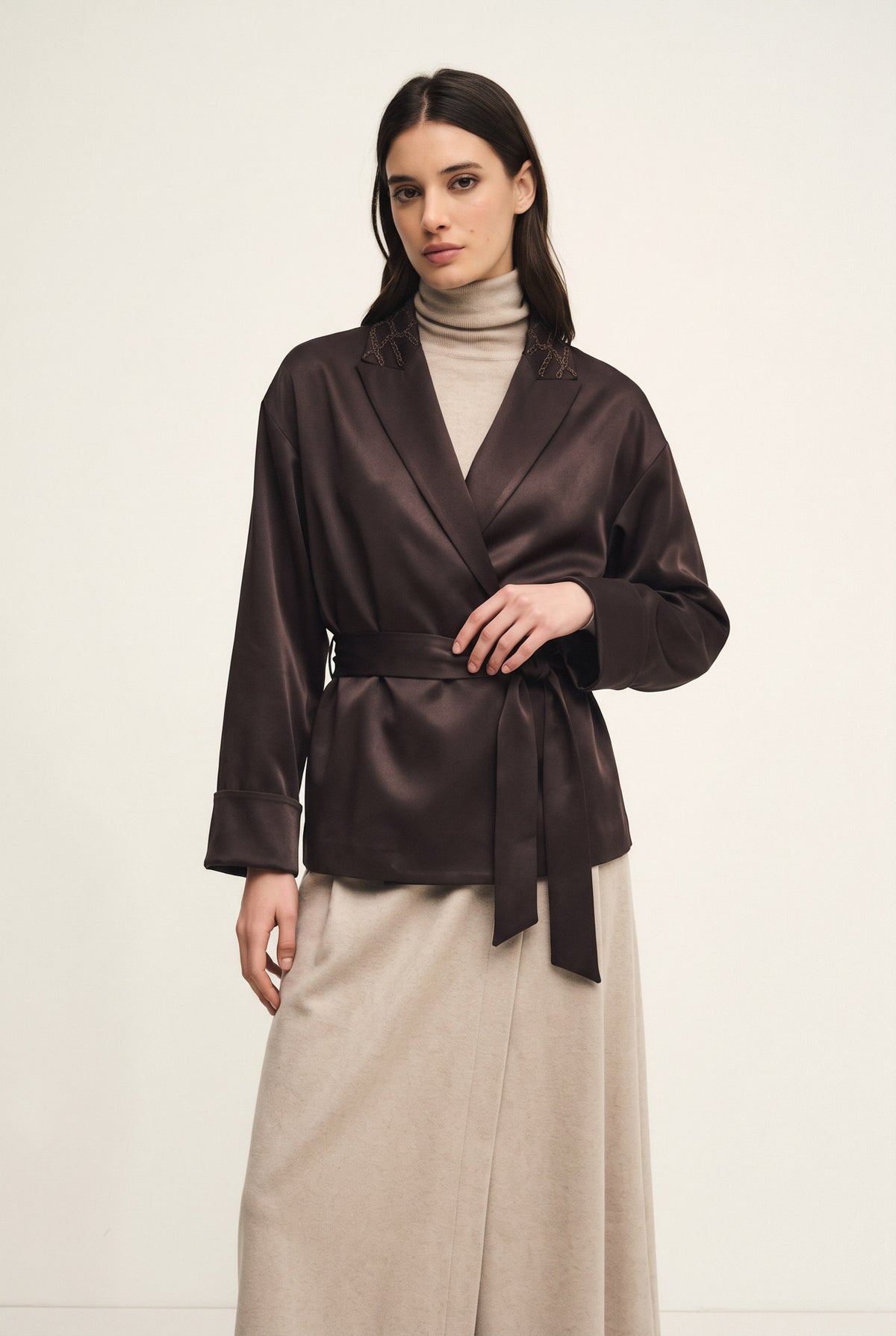 Deconstructed envers satin jacket with embroidery