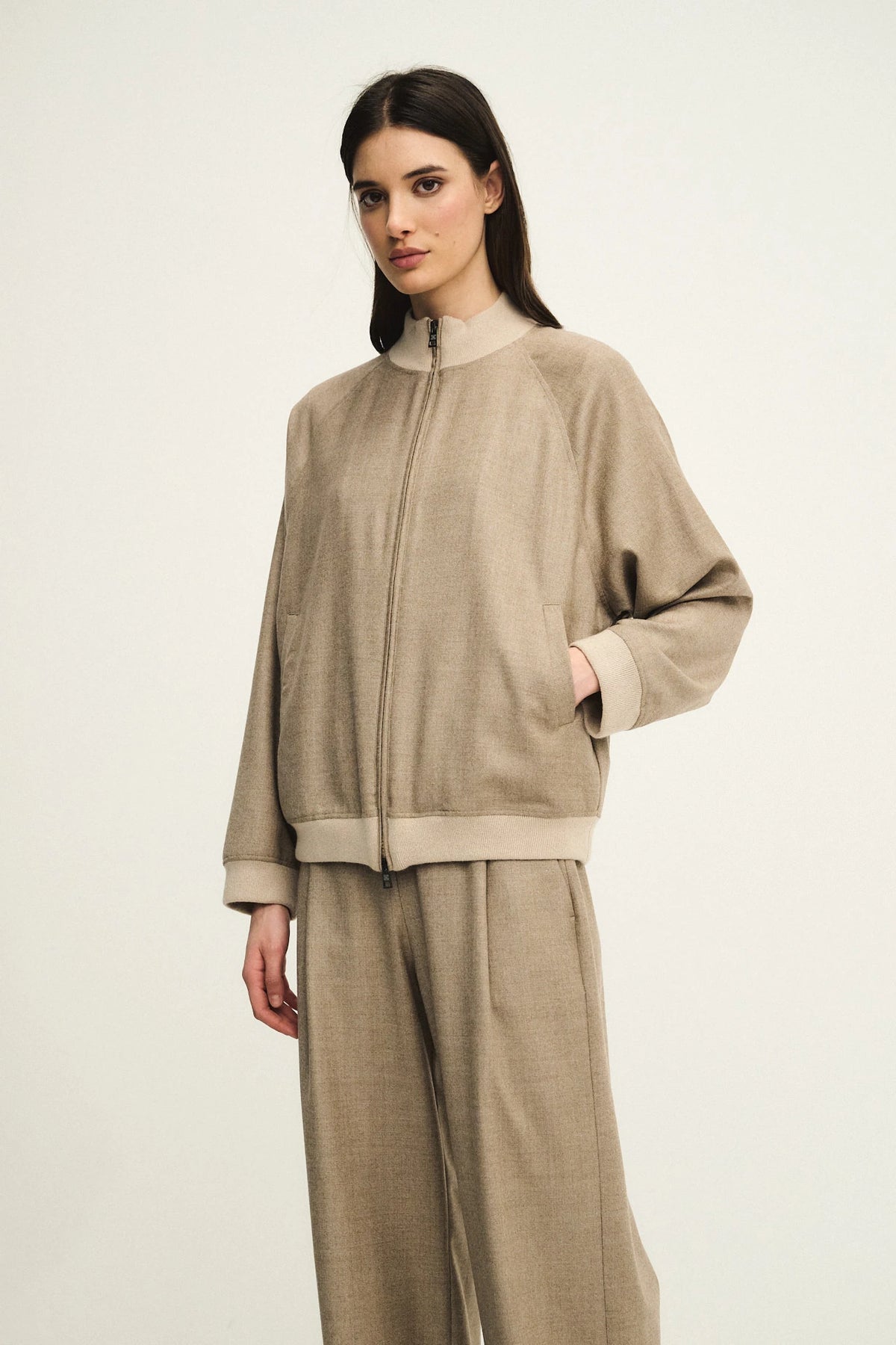 Shiny bomber in cool wool