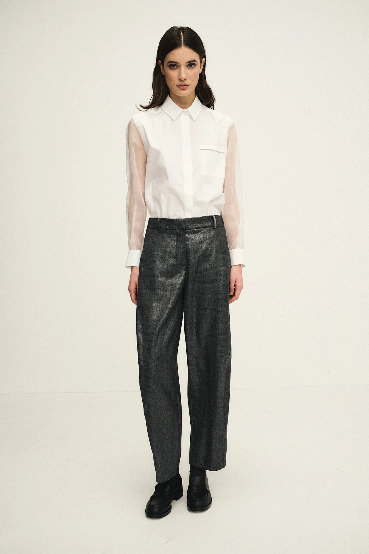 Pantaloni balloon shiny in fresco lana