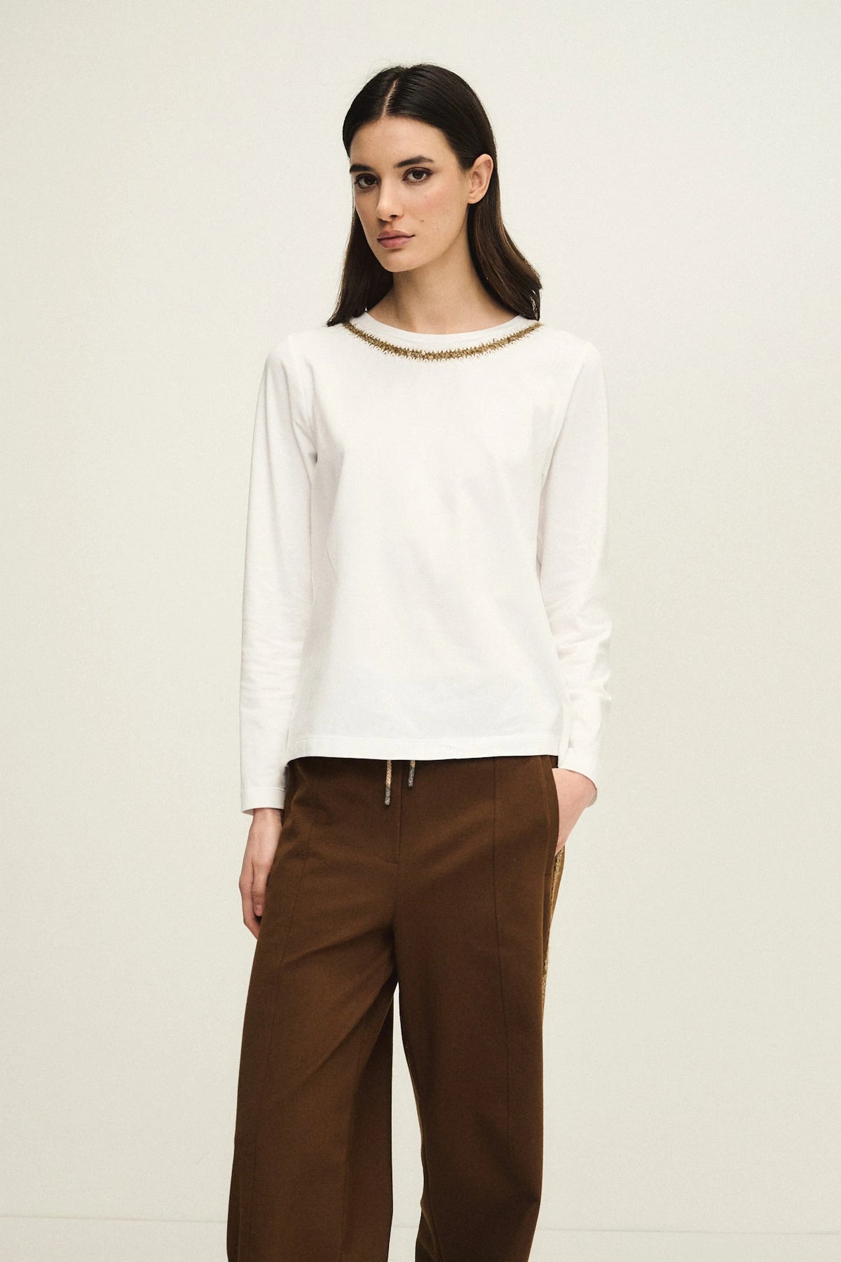 Crew-neck T-shirt with embroidered neckline