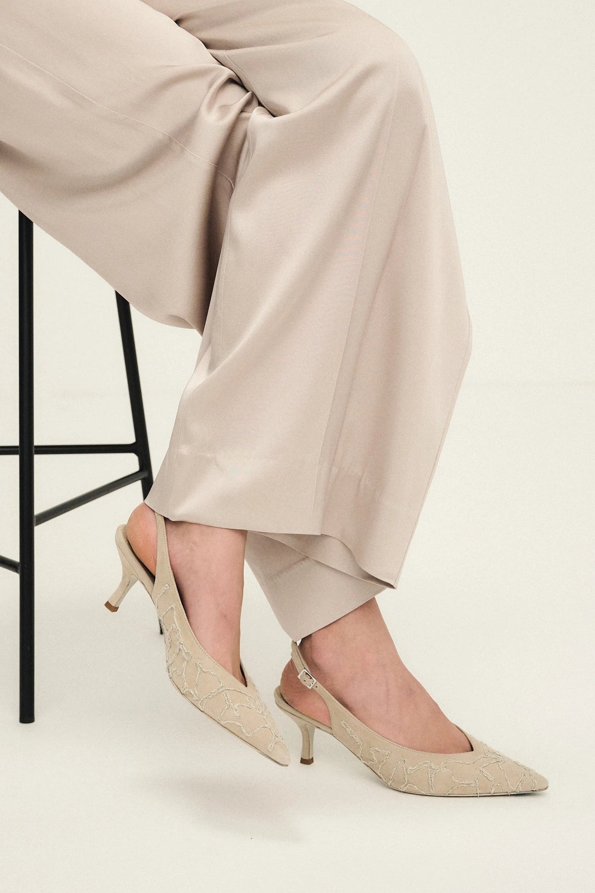 Embroidered Suede Slingback Heels