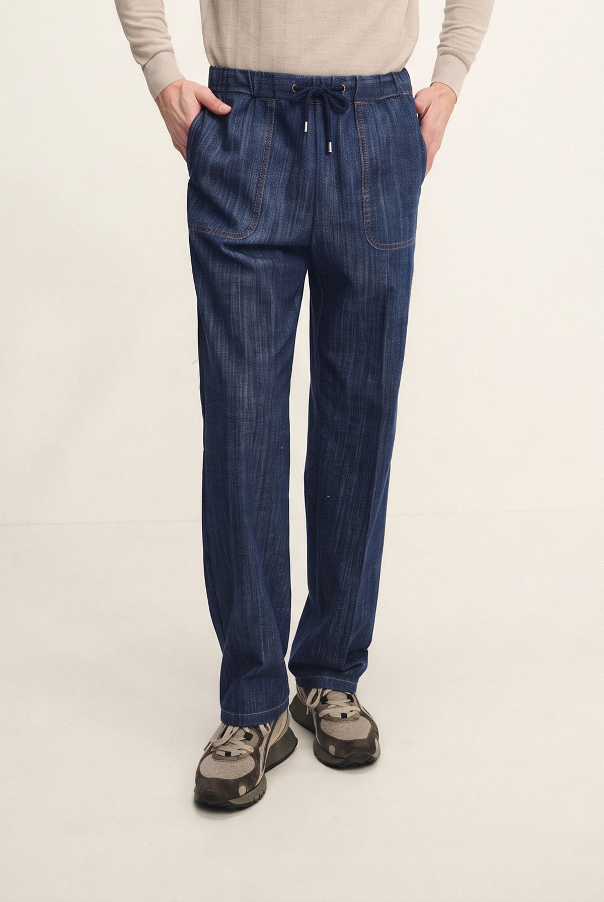 Pantalone pull up di denim fiammato