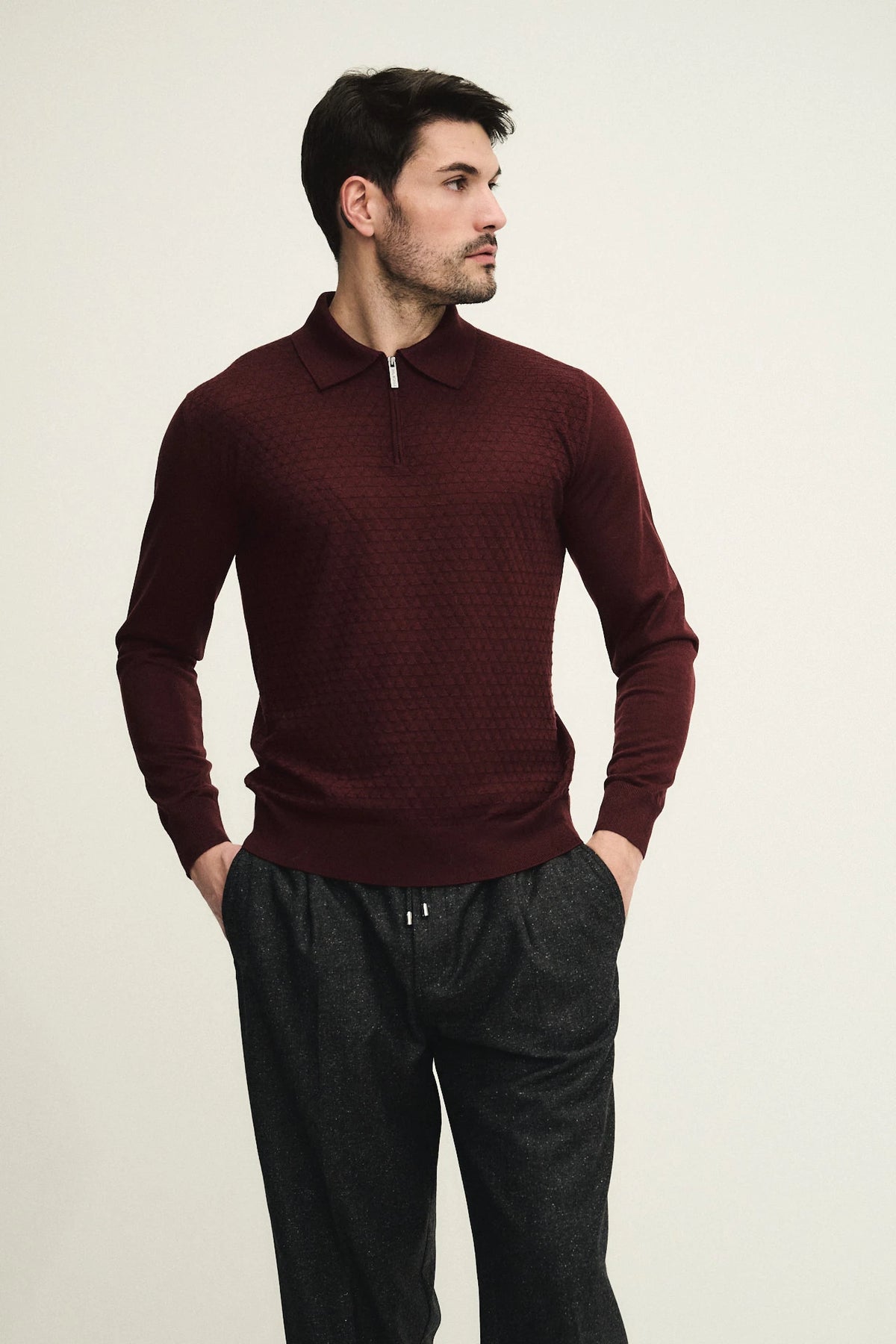 Zip polo shirt with jacquard knit