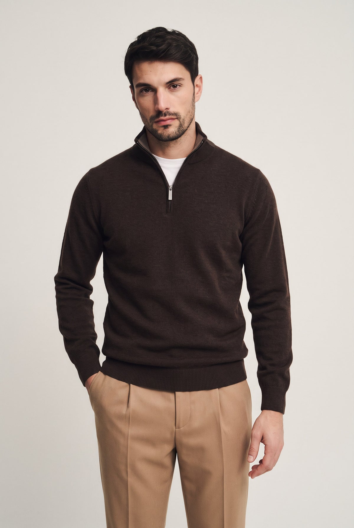 Lupetto zip in lana, seta e cashmere con dettaglio in alcantara