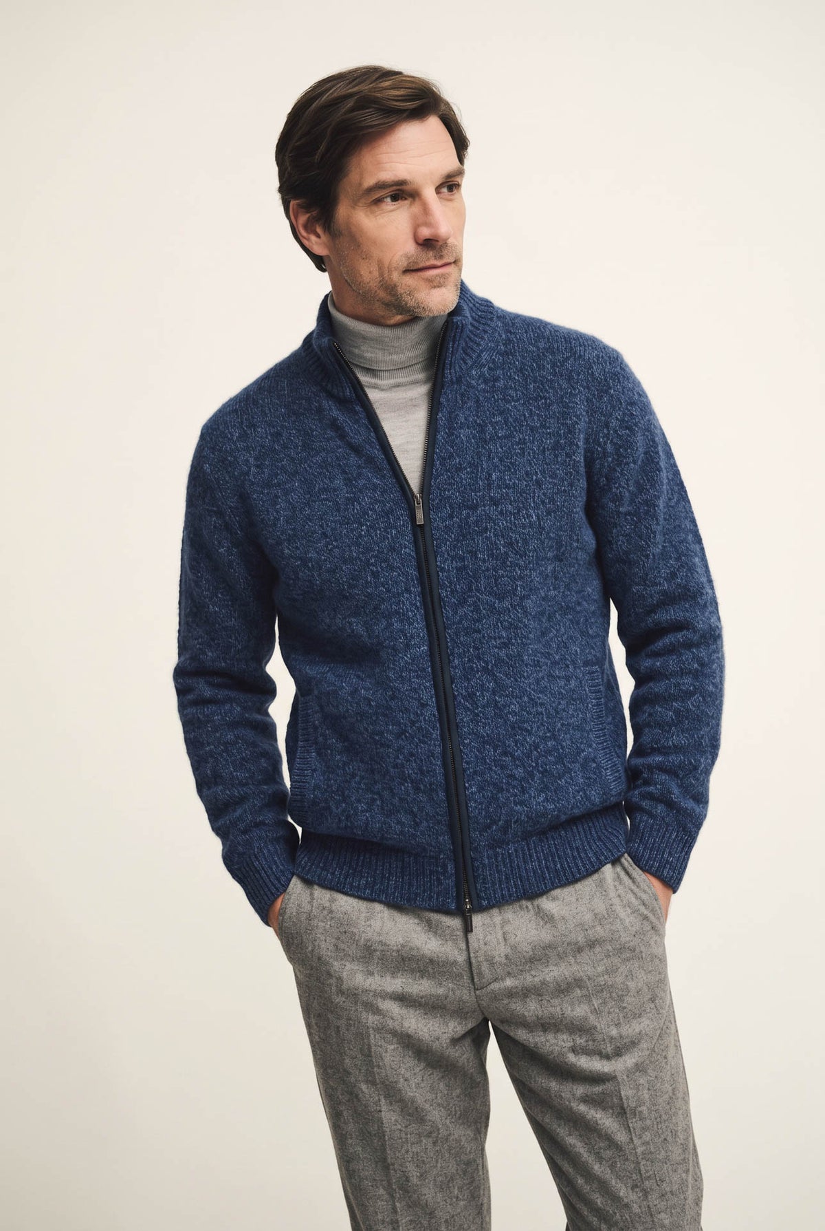 Wool and silk zip-up cardigan with Alcantara details