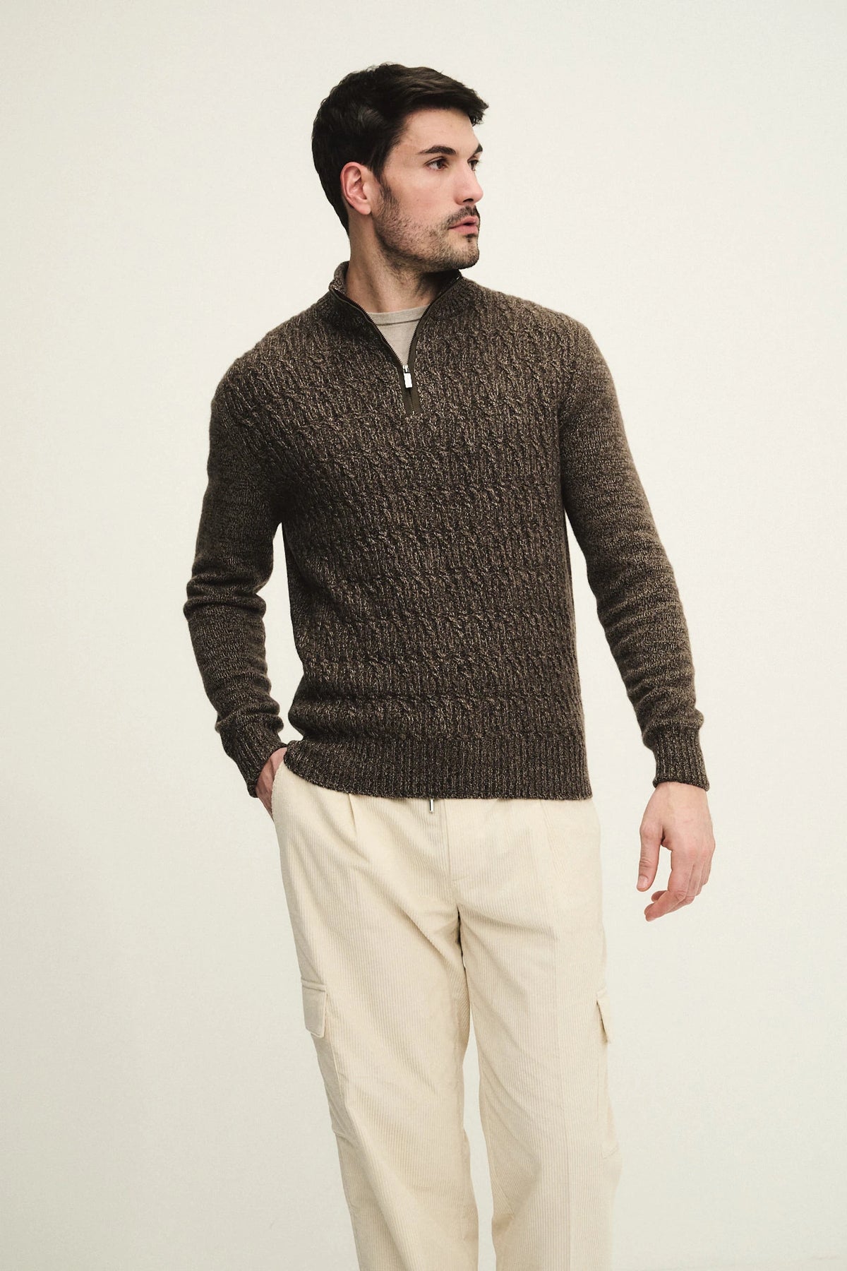 Zip turtleneck sweater with Alcantara details and braided wool and silk knit