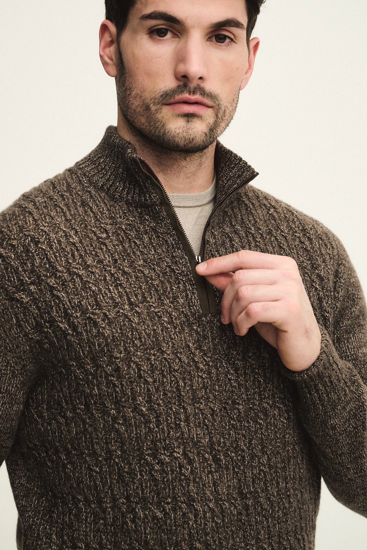 Zip turtleneck sweater with Alcantara details and braided wool and silk knit