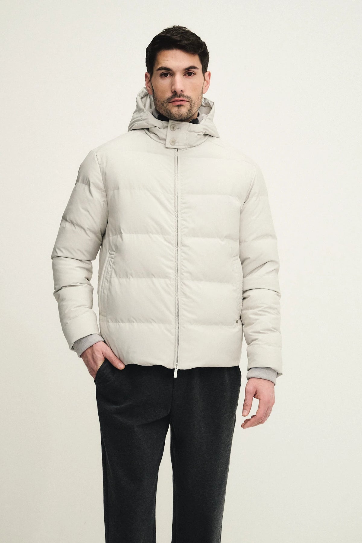 Technical fabric down jacket with wool, silk, and cashmere details