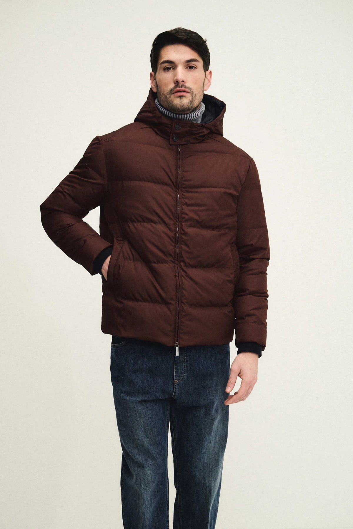 Technical fabric down jacket with wool, silk, and cashmere details