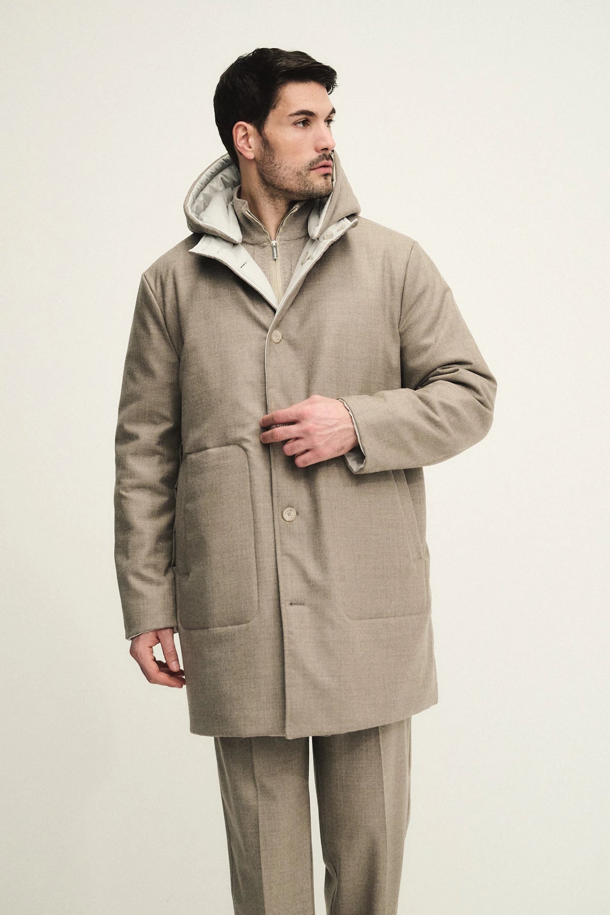 Parka reversibile in tessuto tecnico e lana