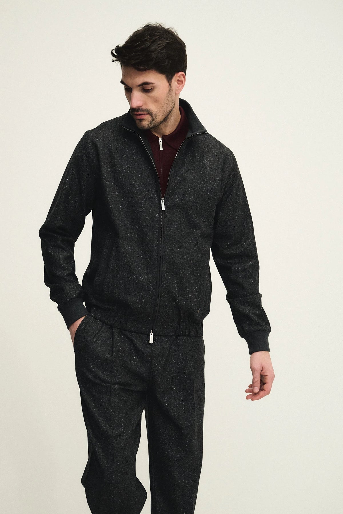 Buttoned wool and silk blouson