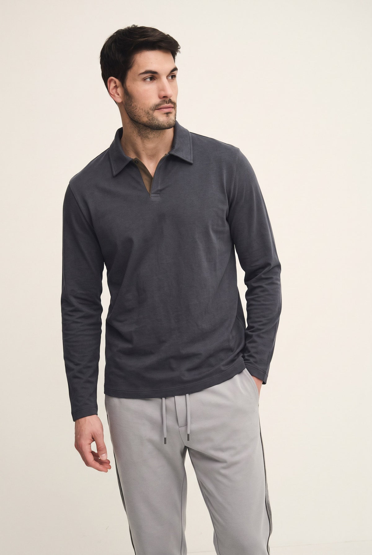 Long-sleeved cotton jersey polo shirt