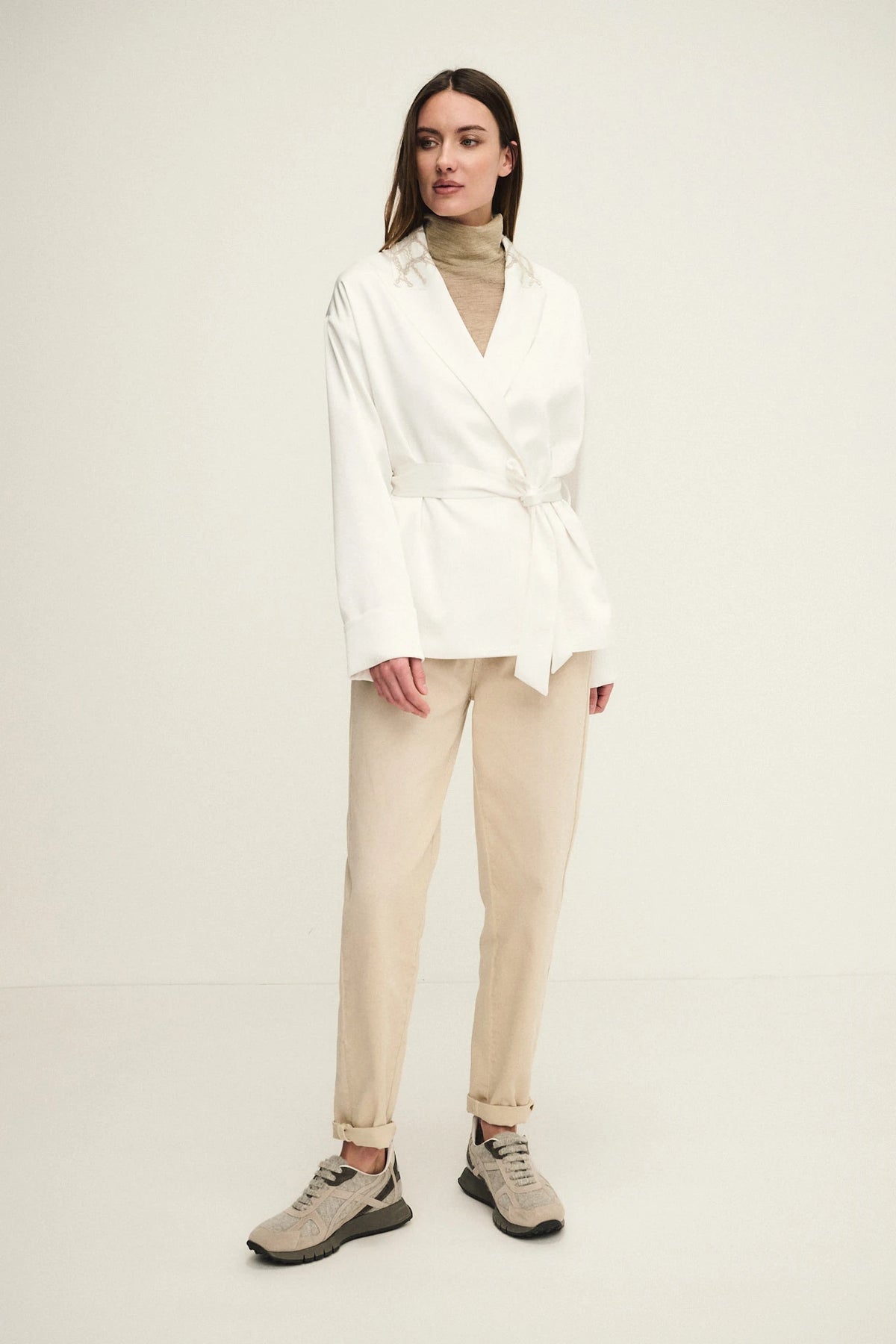 T-shirt collo alto in jersey di lana e lurex