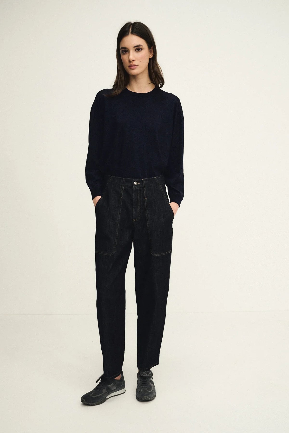 Denim carrot-fit trousers