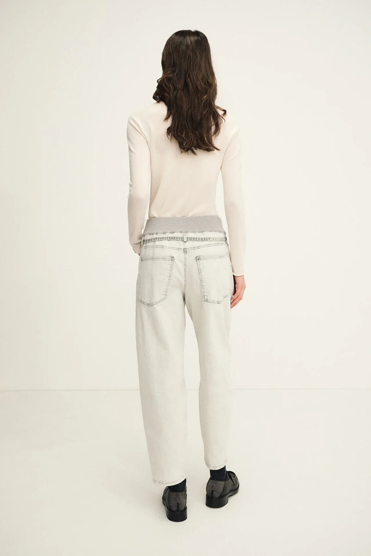 Denim balloon trousers with knit fashion inserts