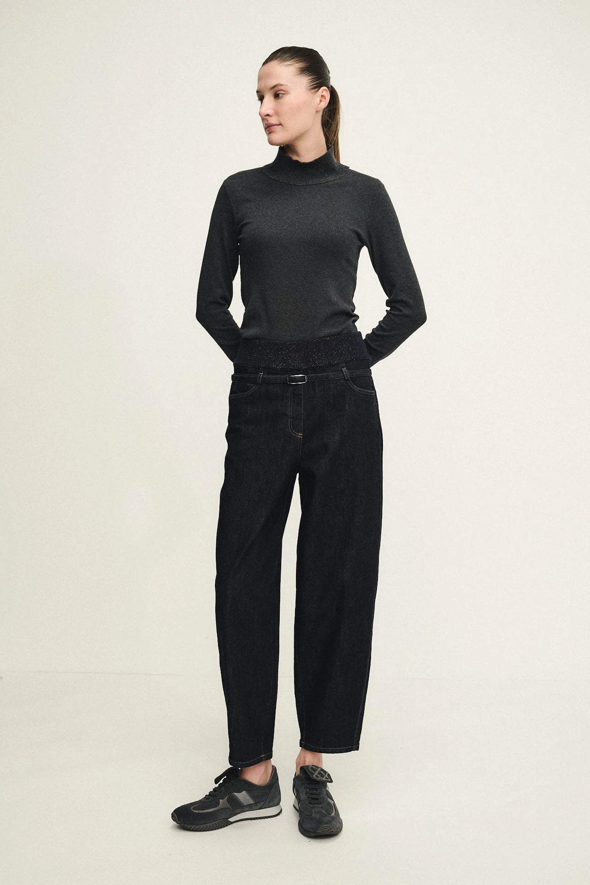 Pantaloni baloon in denim con fascione in maglia