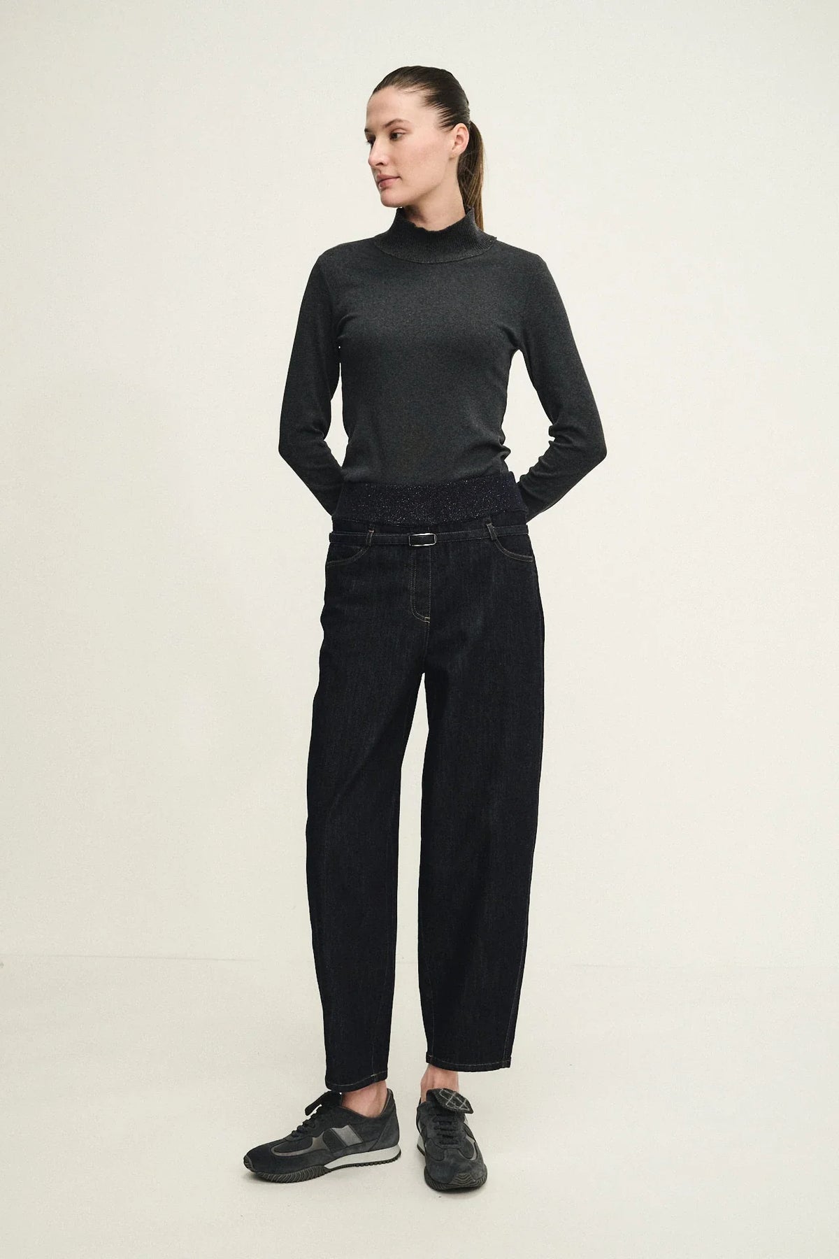 Denim balloon trousers with knit fashion inserts