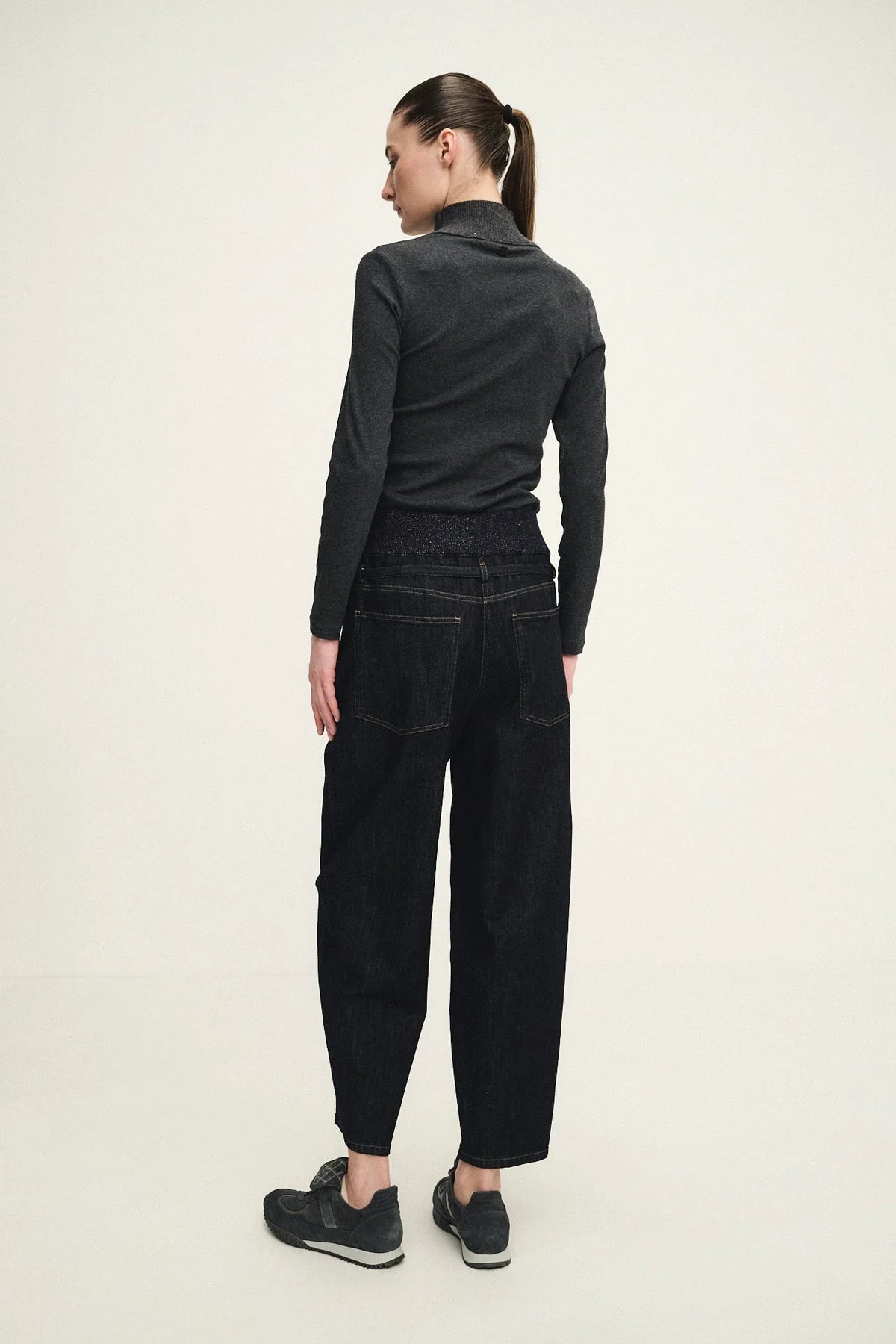 Denim balloon trousers with knit fashion inserts