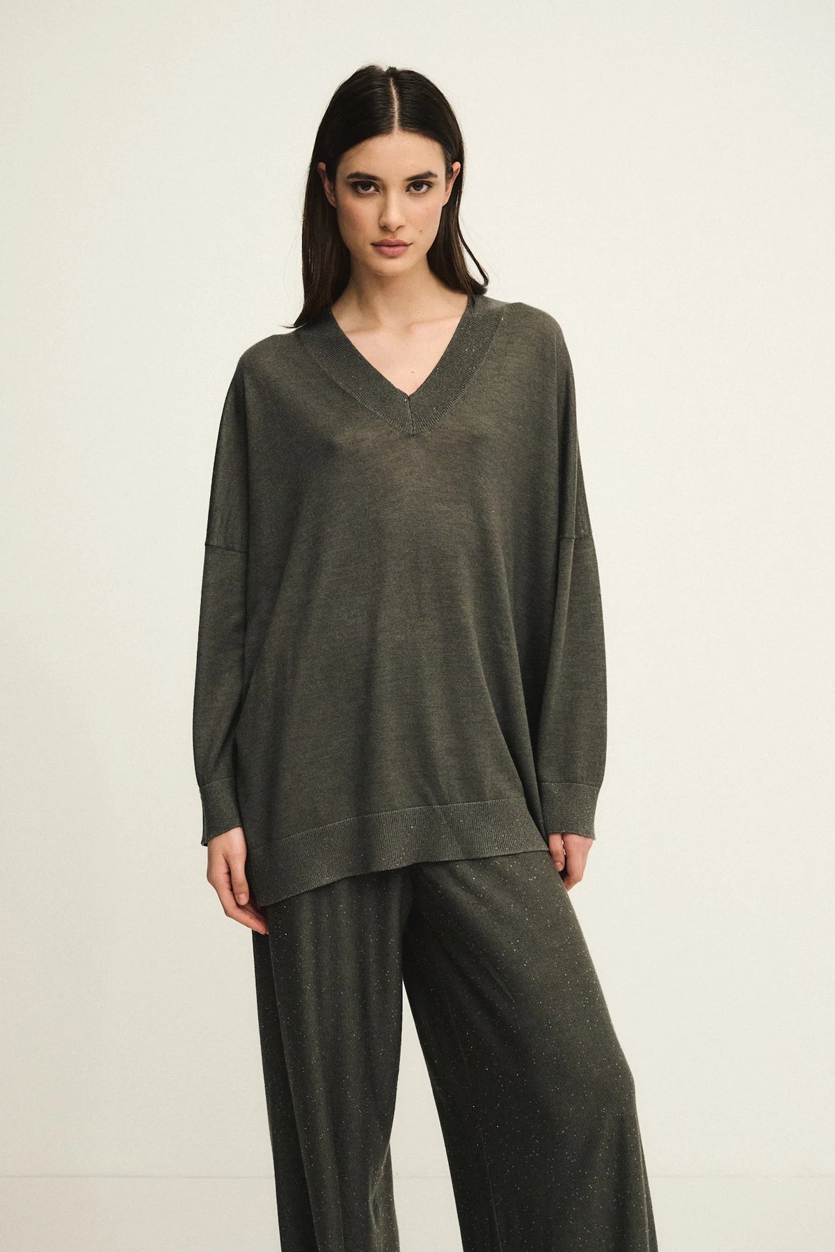 V-neck silk and wool blend top with sequins