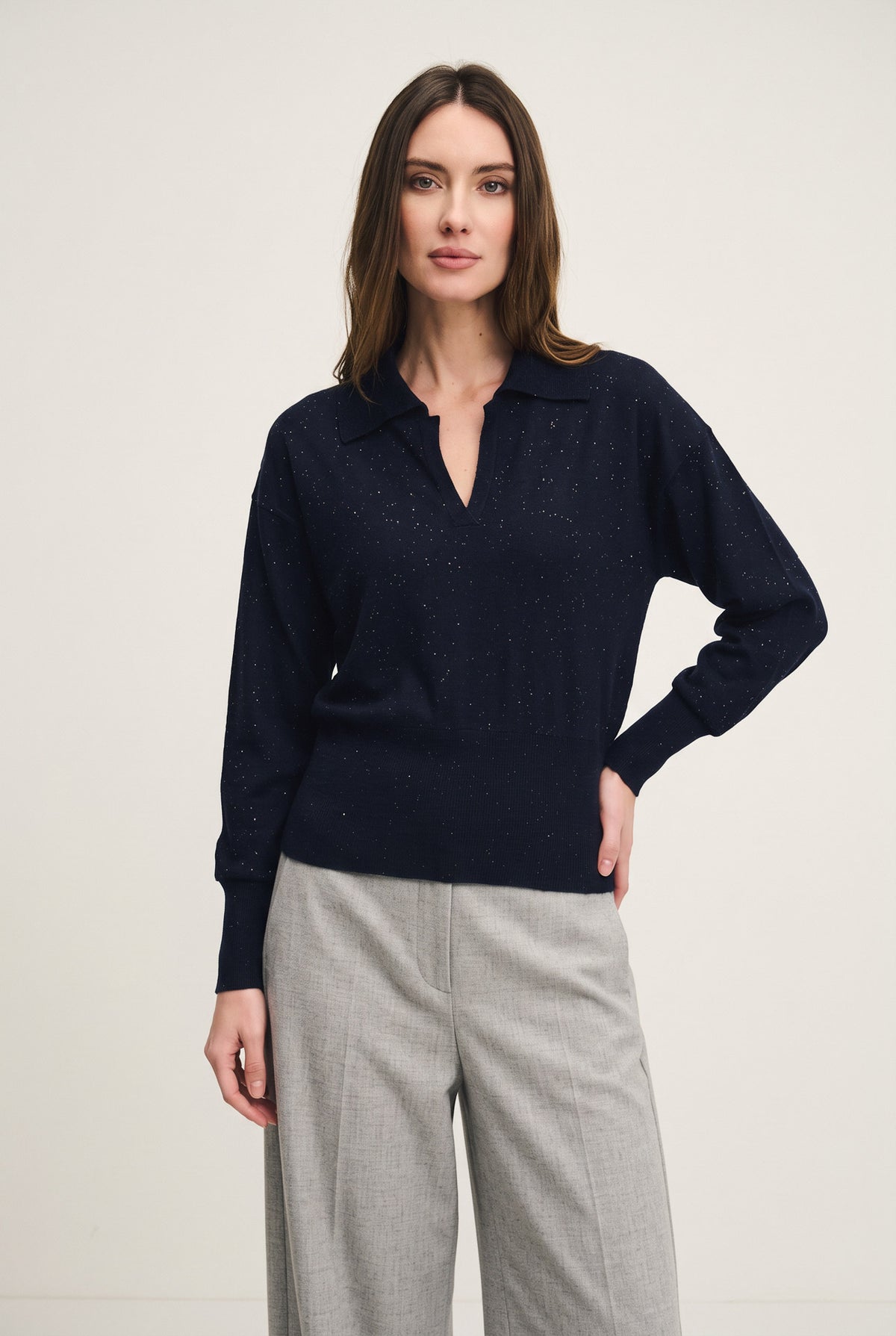 Maglia sparkling colletto polo in lana seta