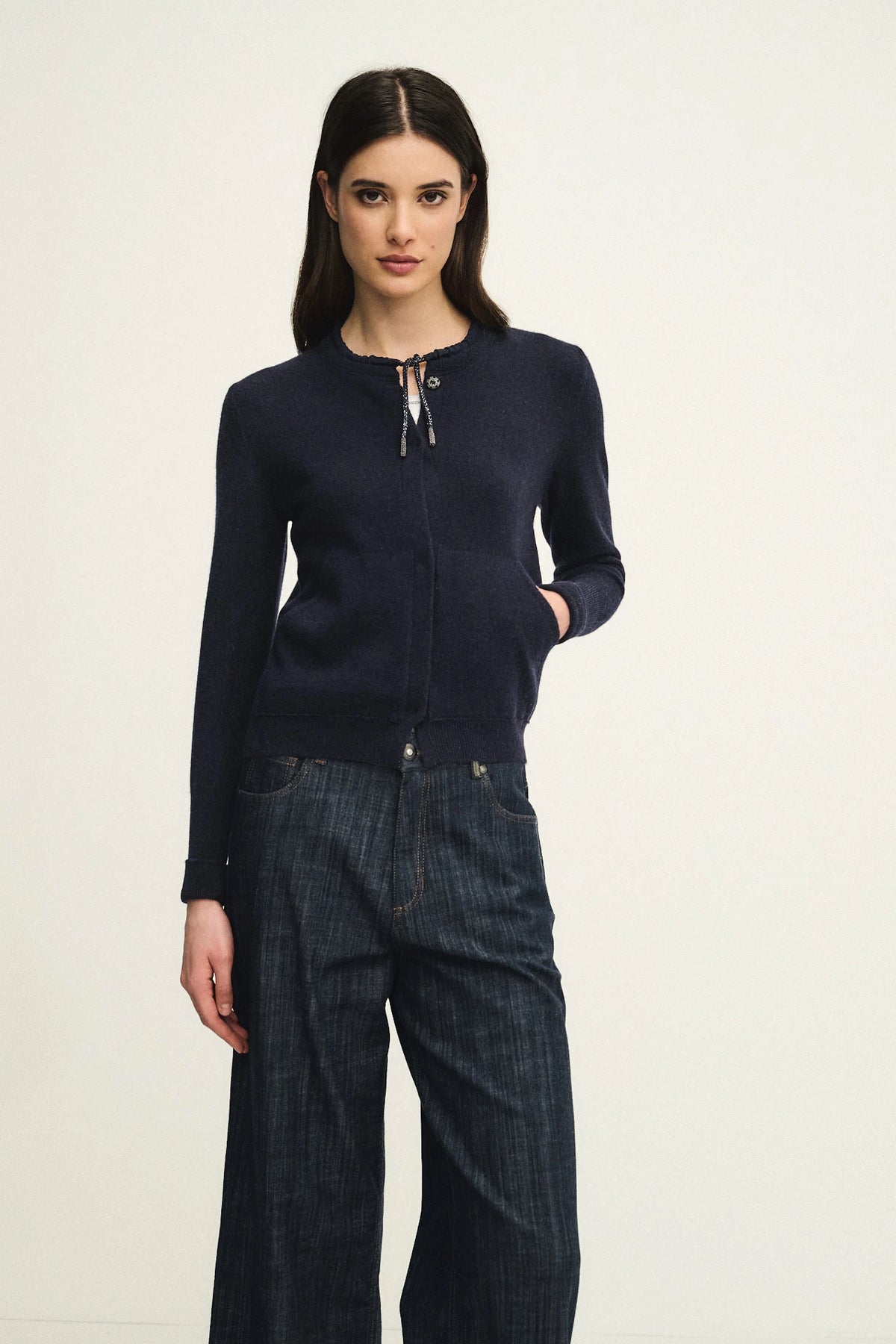 Cardigan in lana, seta e cashmere con coulisse