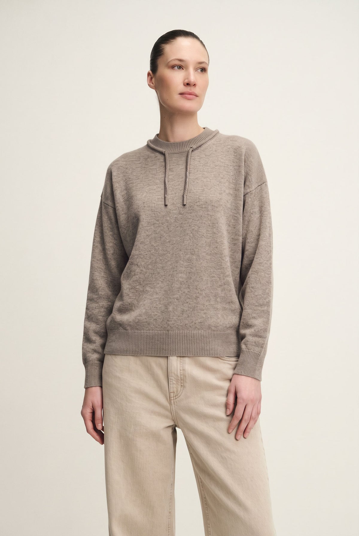 Wool, silk cashmere crew neck with drawstring