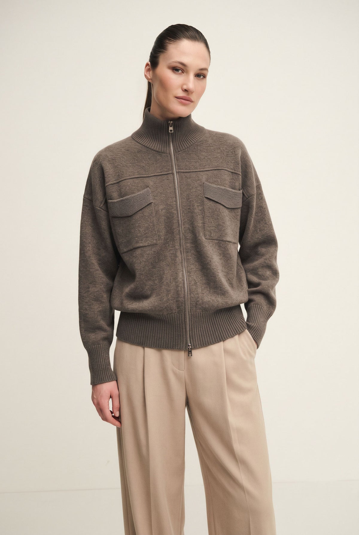 Cardigan zip shiny in maglia
