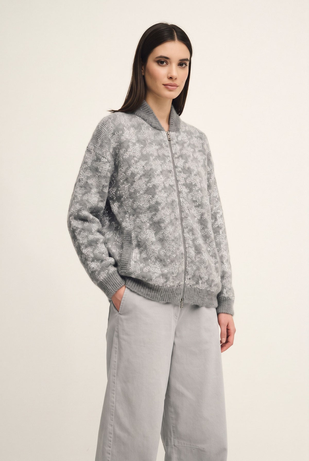 Diamond jacquard knit zip cardigan