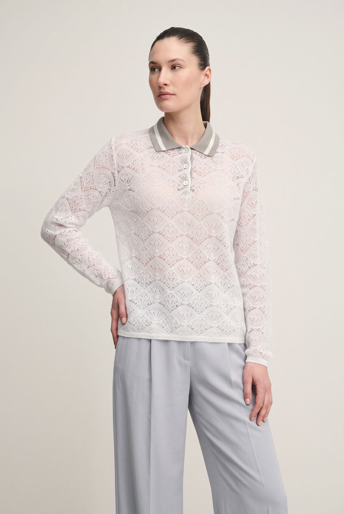 Polo shiny in maglia effetto pizzo