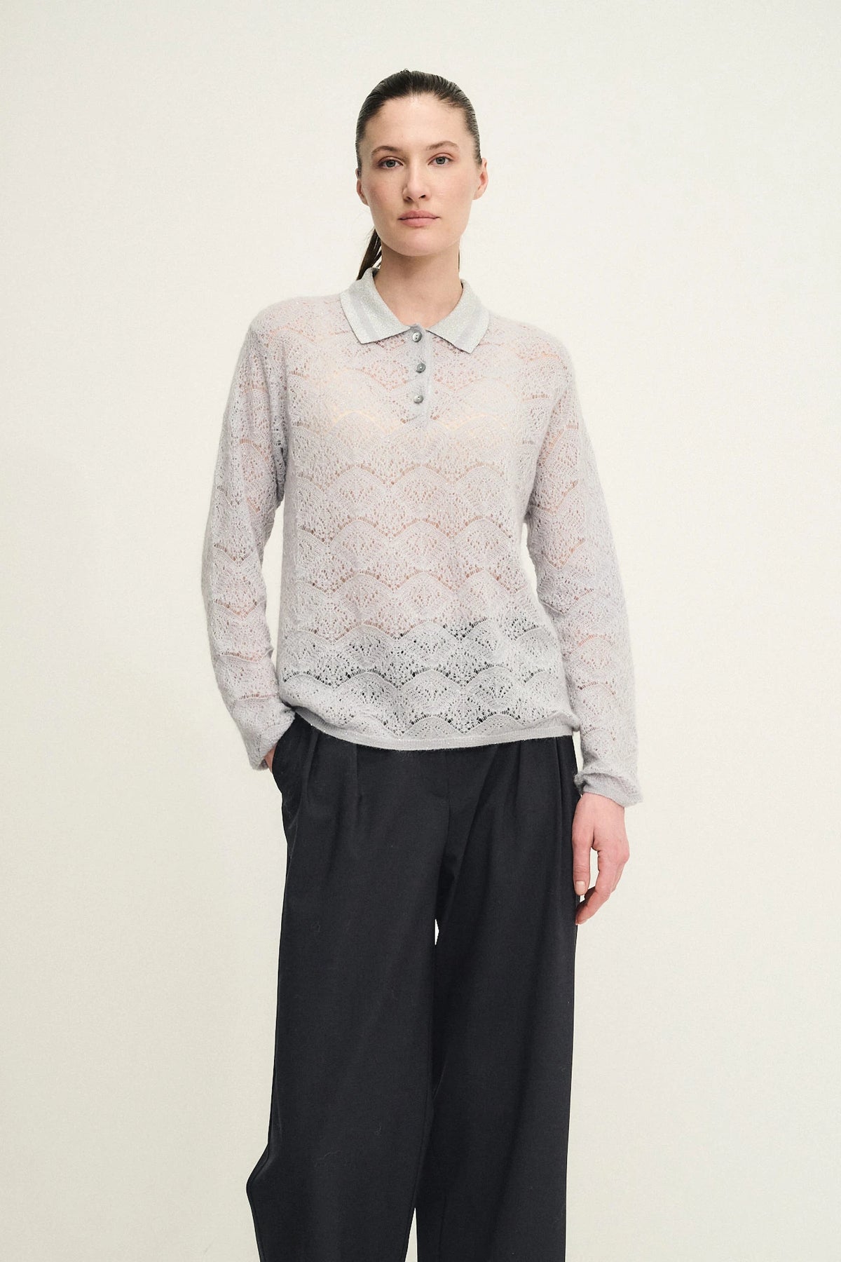 Polo shiny in maglia effetto pizzo