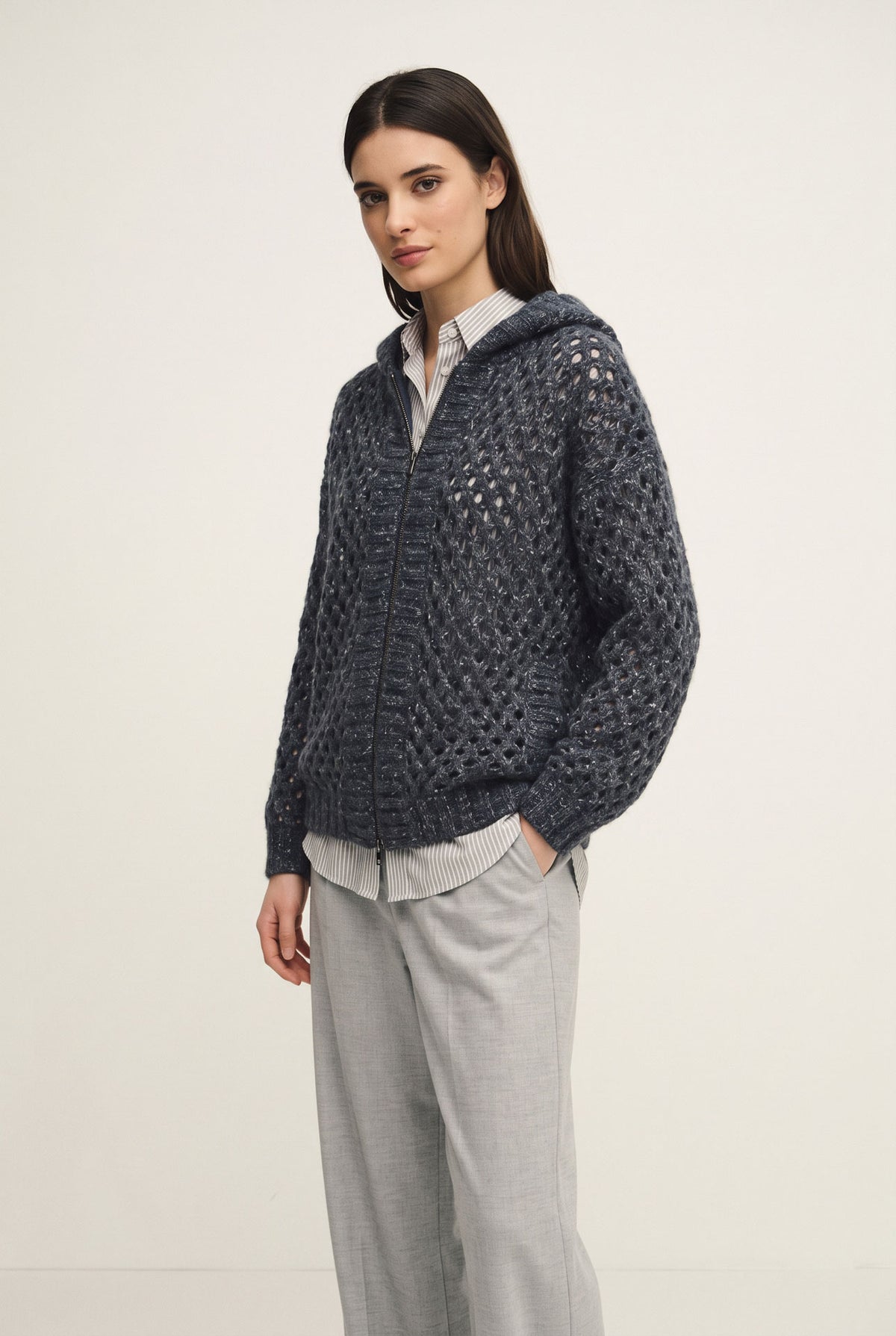 Cardigan zip openwork in maglia