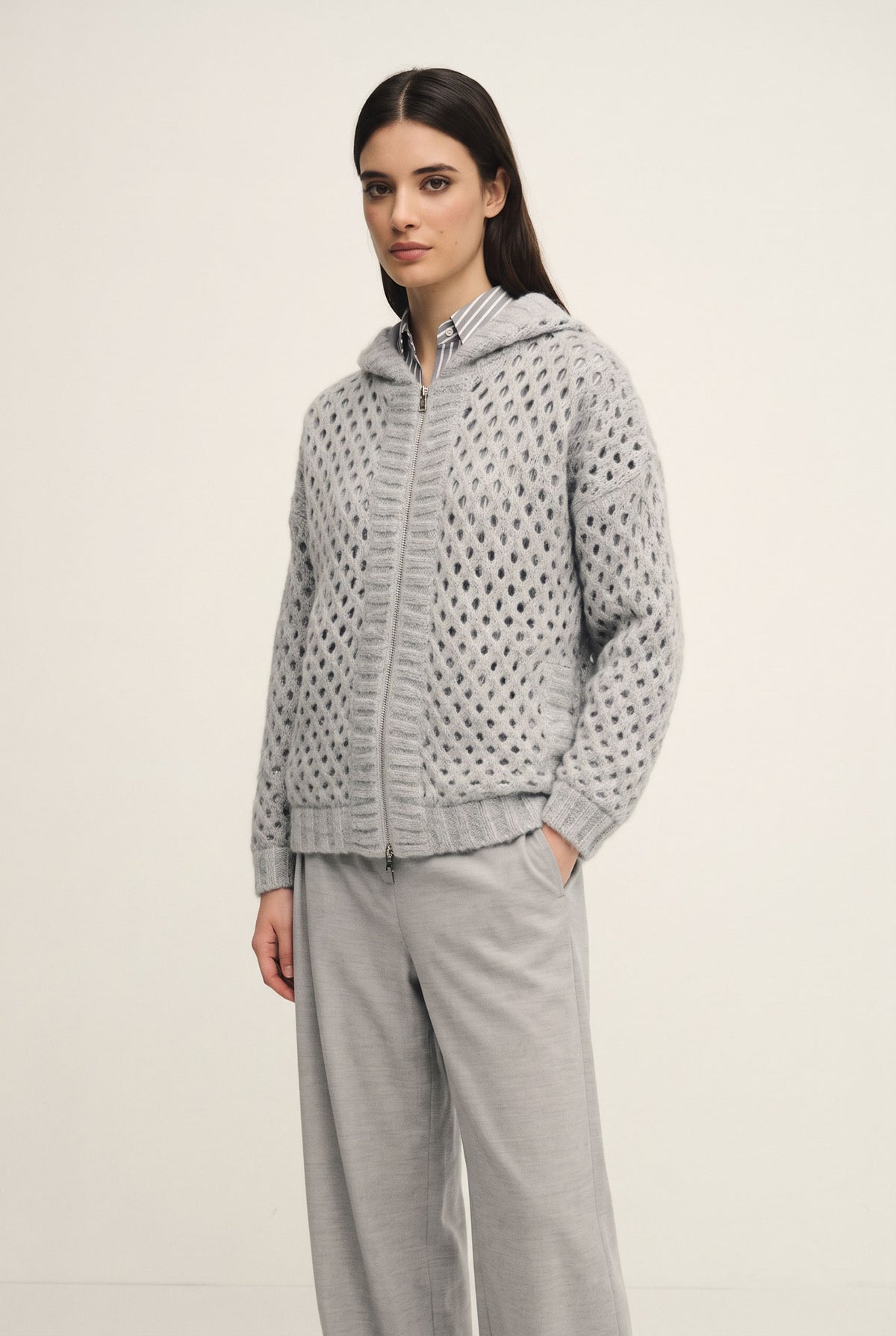 Cardigan zip openwork in maglia