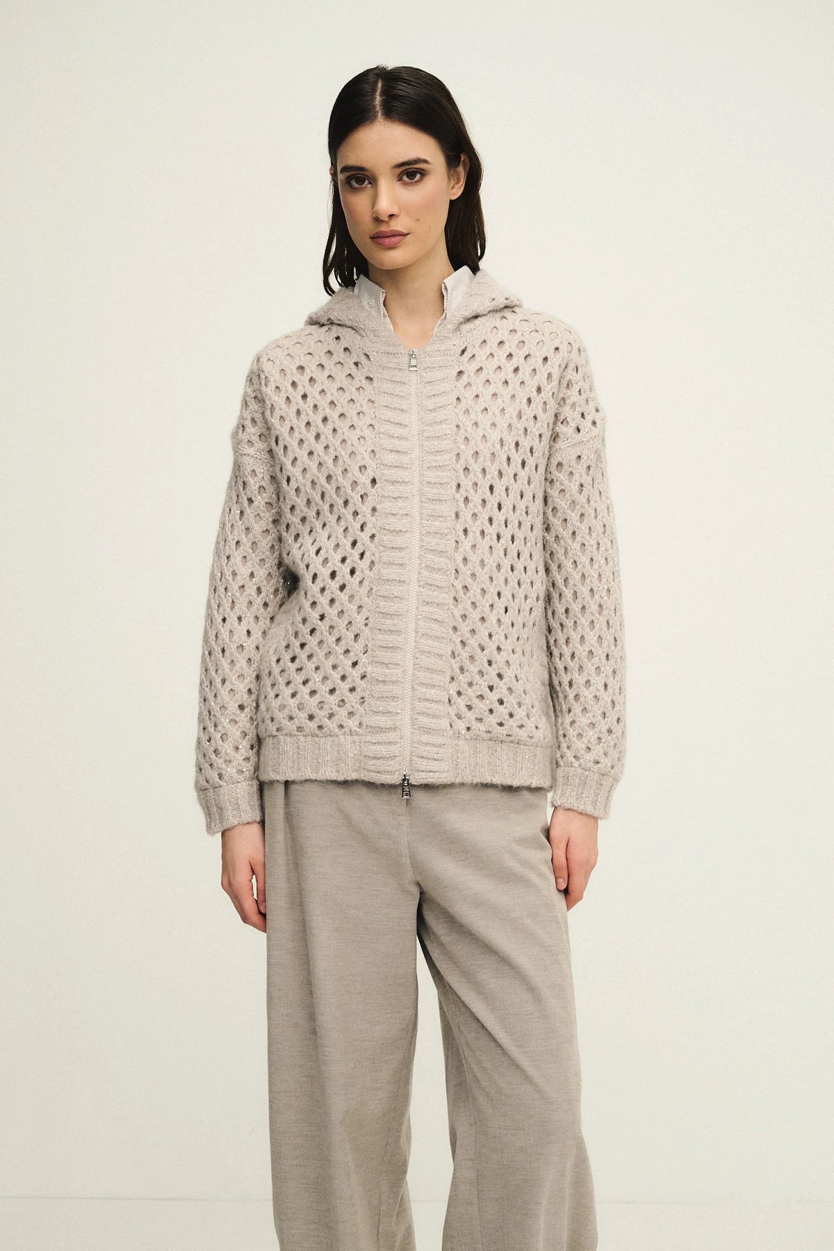 Openwork knit zip cardigan