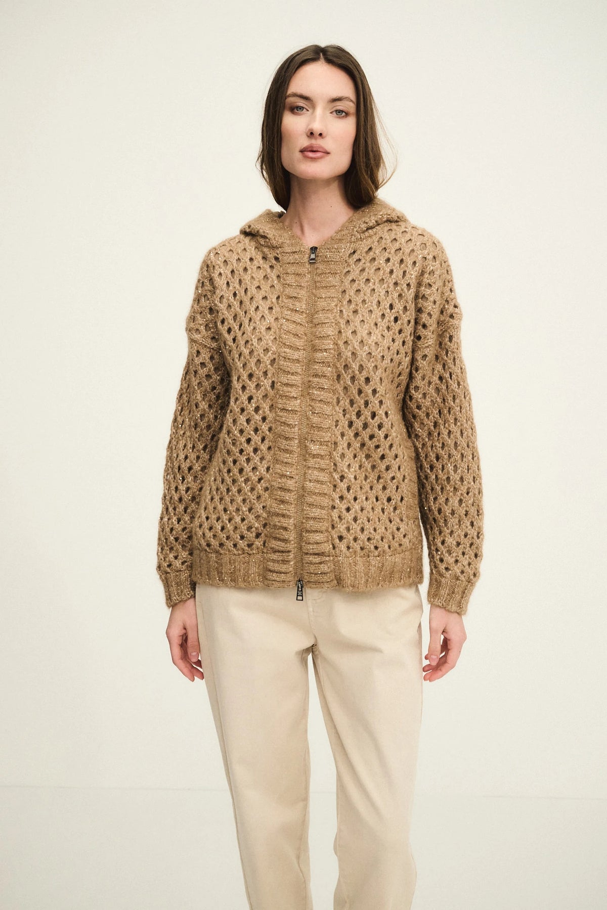 Openwork knit zip cardigan