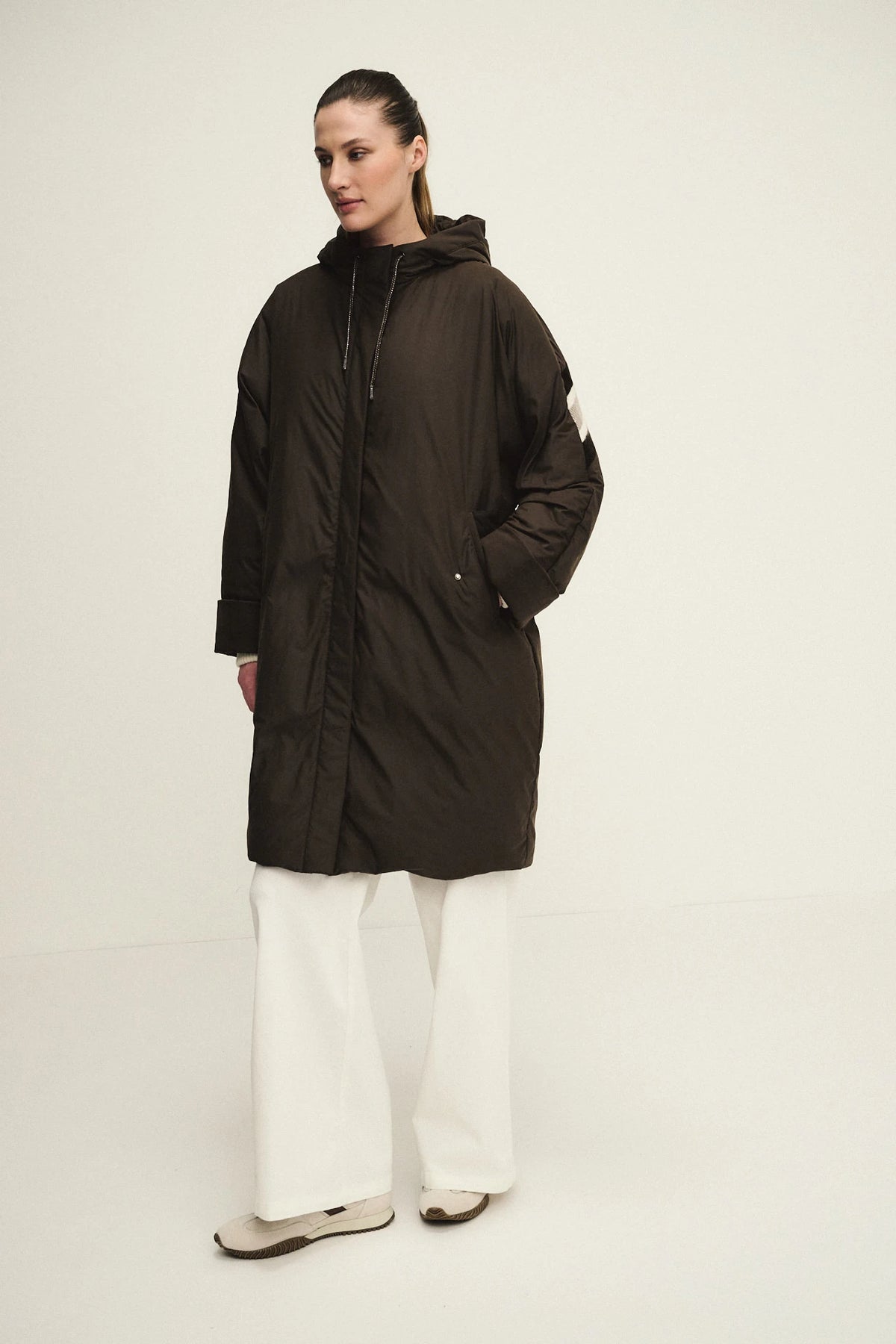 Down jacket with striped sequin knit insert