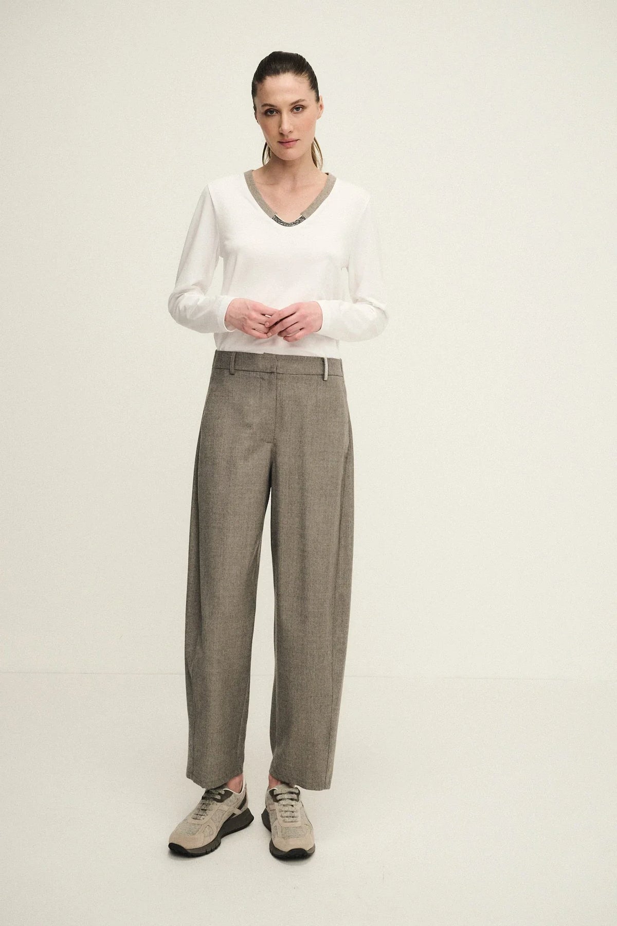 Pantaloni balloon shiny in fresco lana