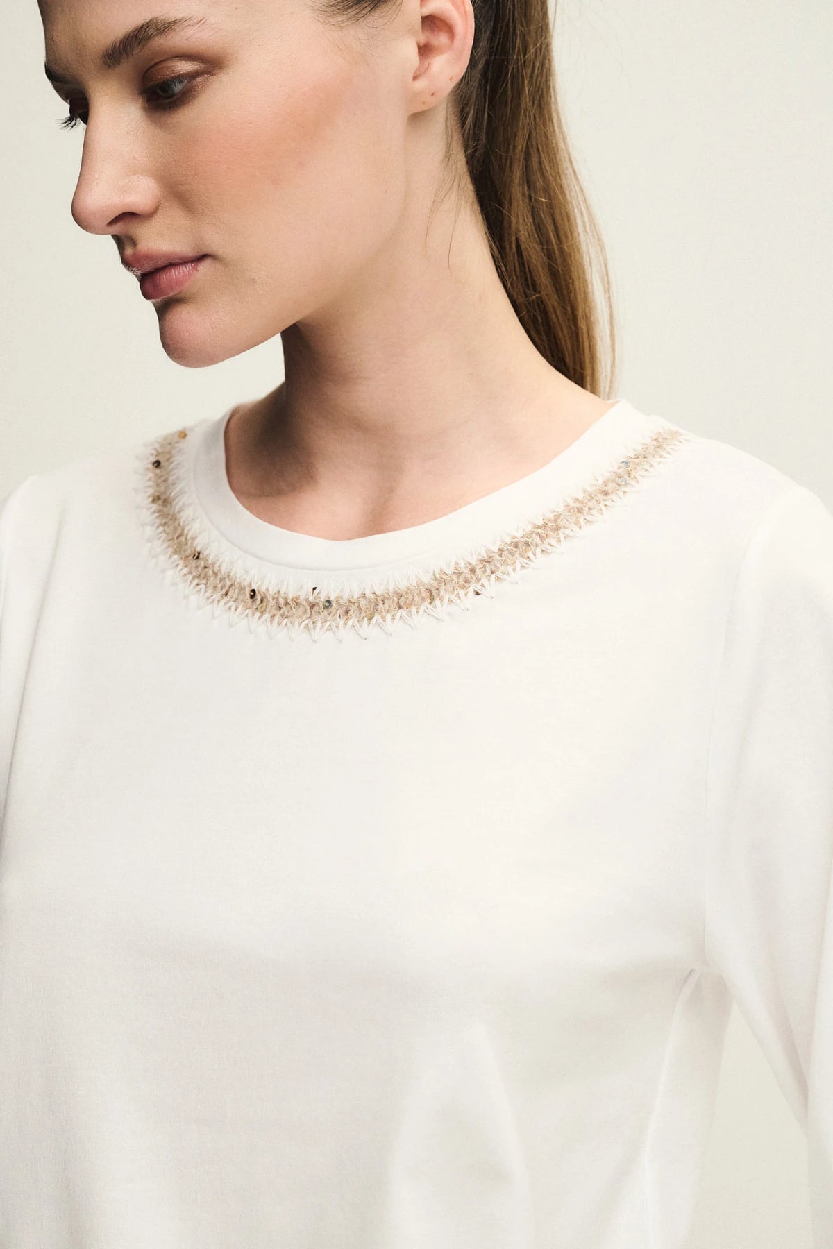 Crew-neck T-shirt with embroidered neckline